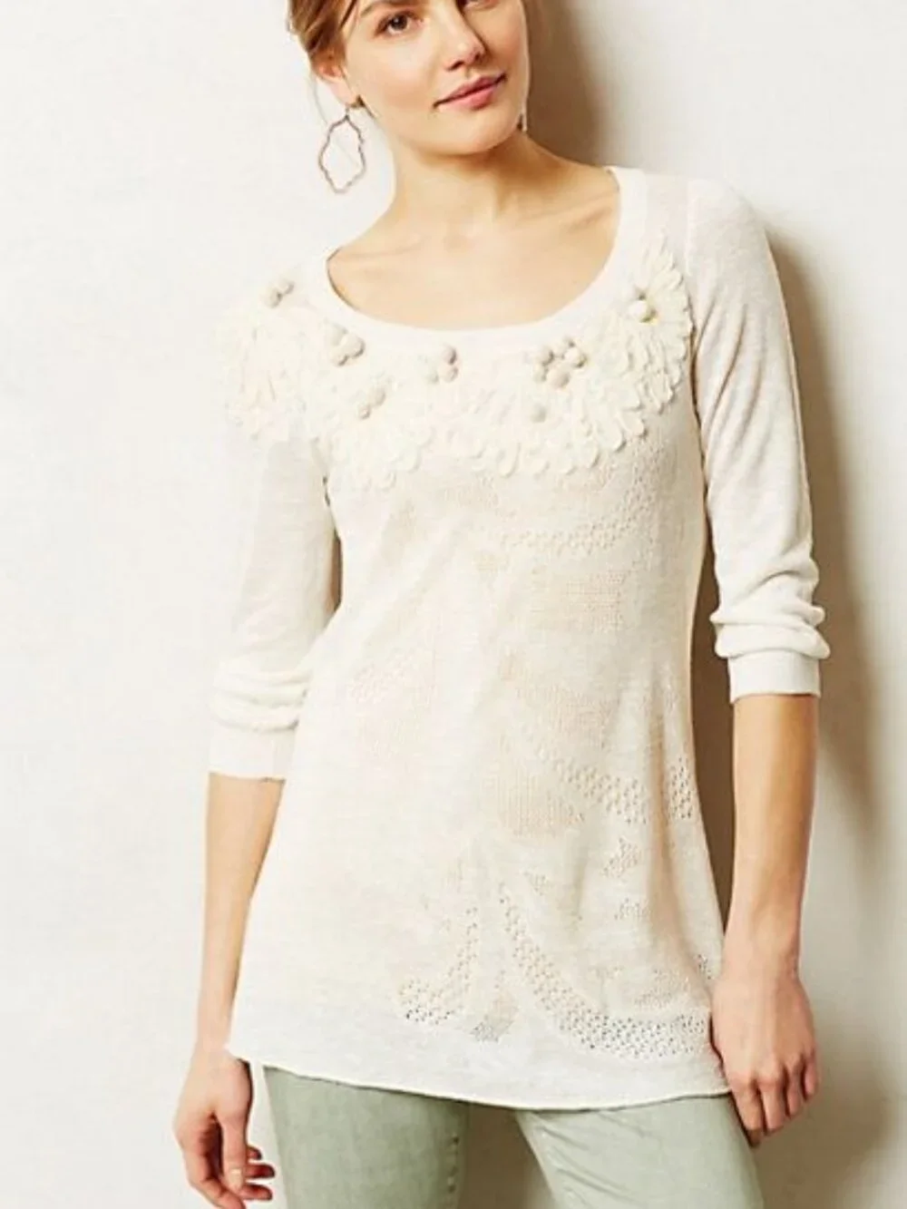 Anthropologie Abbey Pointelle Pullover Ivory Sweater Tunic Petite - Picture 1 of 7